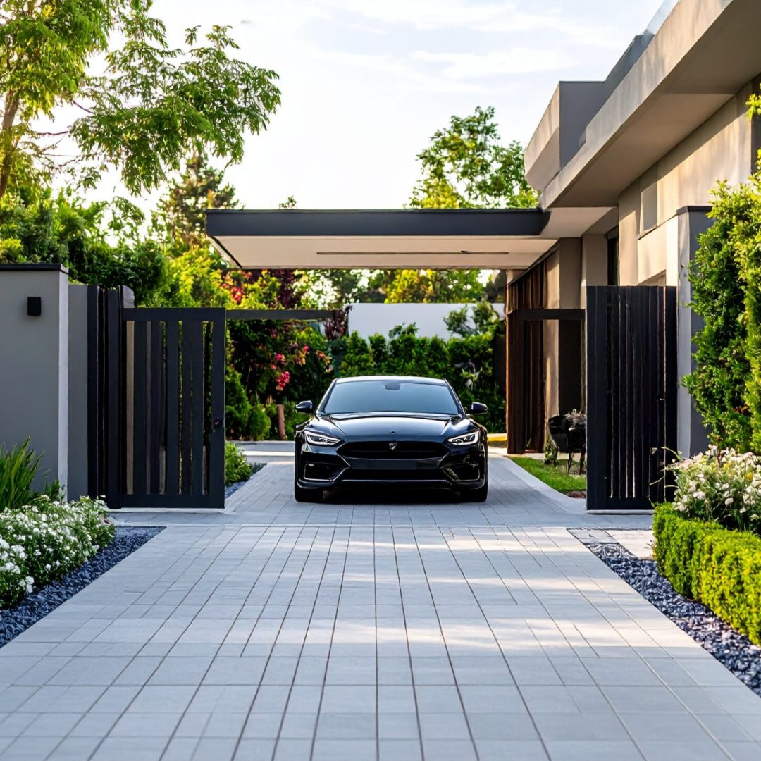 Firefly_Allée résidentielle élégante avec portail coulissant en alu, jardin moderne et voitur 717131