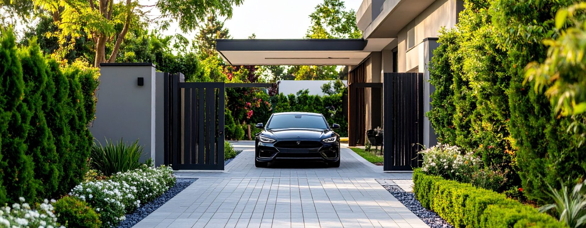 Firefly_Allée résidentielle élégante avec portail coulissant en alu, jardin moderne et voitur 717131