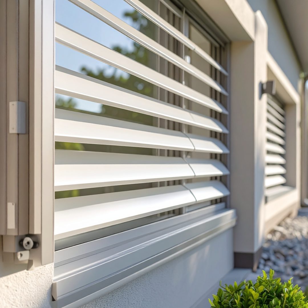 Firefly_Des volets coulissants manuels installés sur la façade d’une maison, montrant le rail 887943