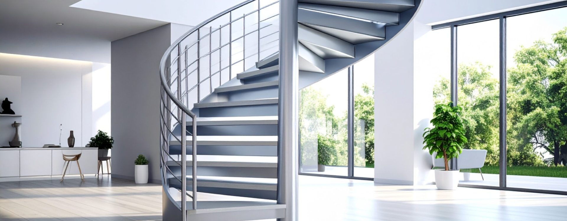 Firefly_Escalier en colimaçon en aluminium; vue en situation à l'intérieur d'une maison desig 746560