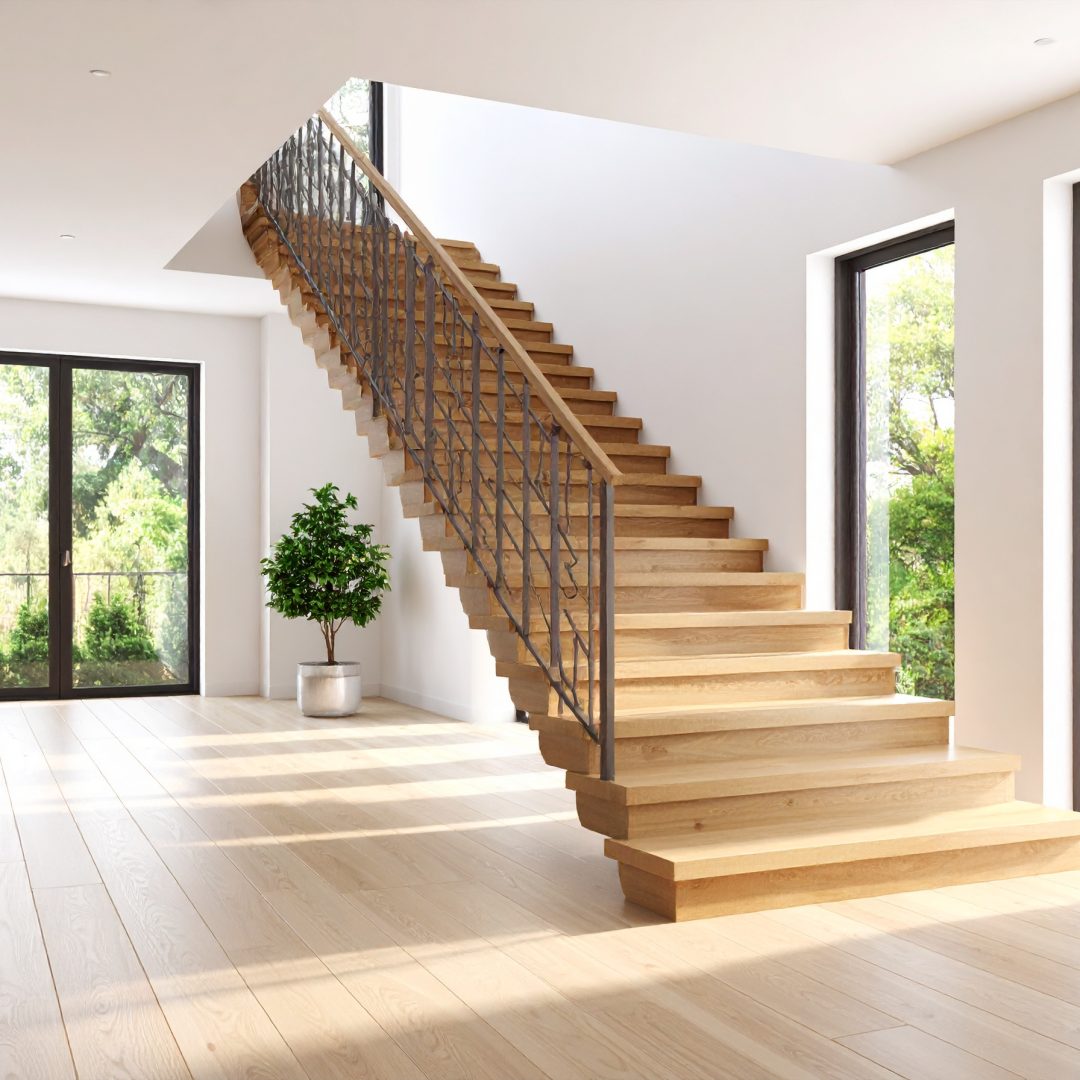 Firefly_Escalier intérieur design et élégant, mélange de matériaux bois massif, aluminium et 533755