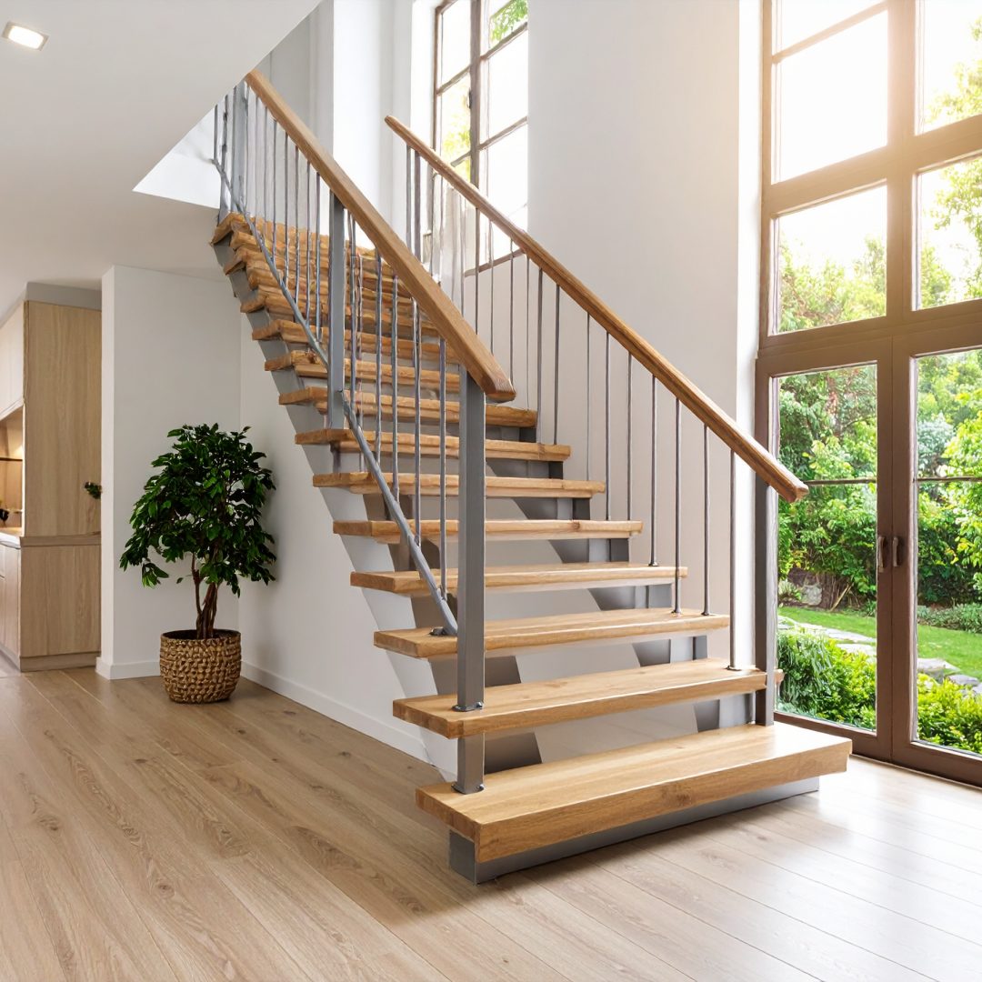 Firefly_Escalier moderne d'intérieur sur mesure, combinant bois massif, aluminium et acier th 279243