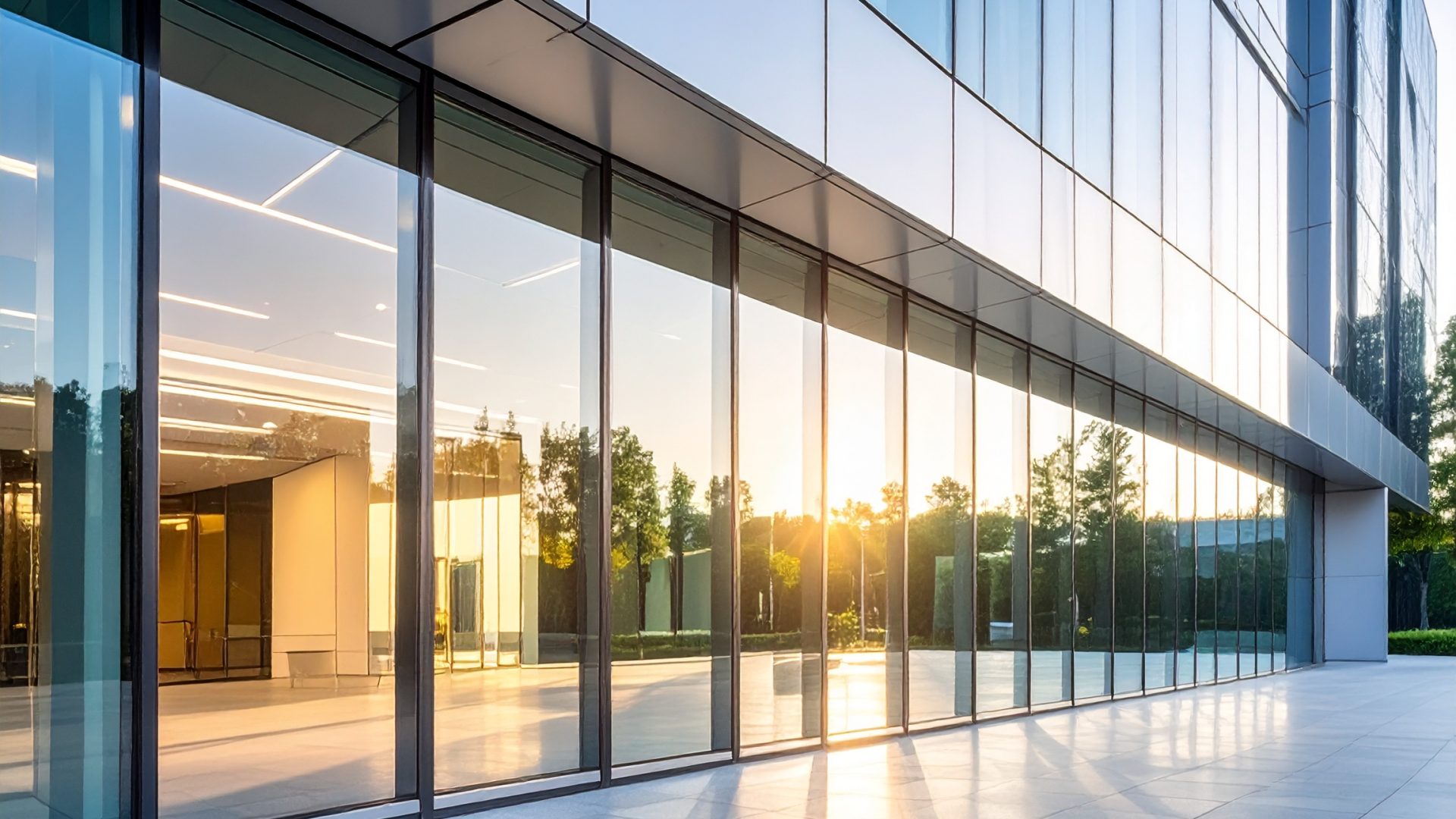 Firefly_Façade moderne de bâtiment avec mur rideau en verre et ossature en aluminium, style p 245464