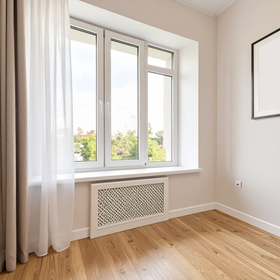 Firefly_Fenêtre PVC blanche, poignée blanche, tablette d’allège, rideaux légers, murs clairs, 94969