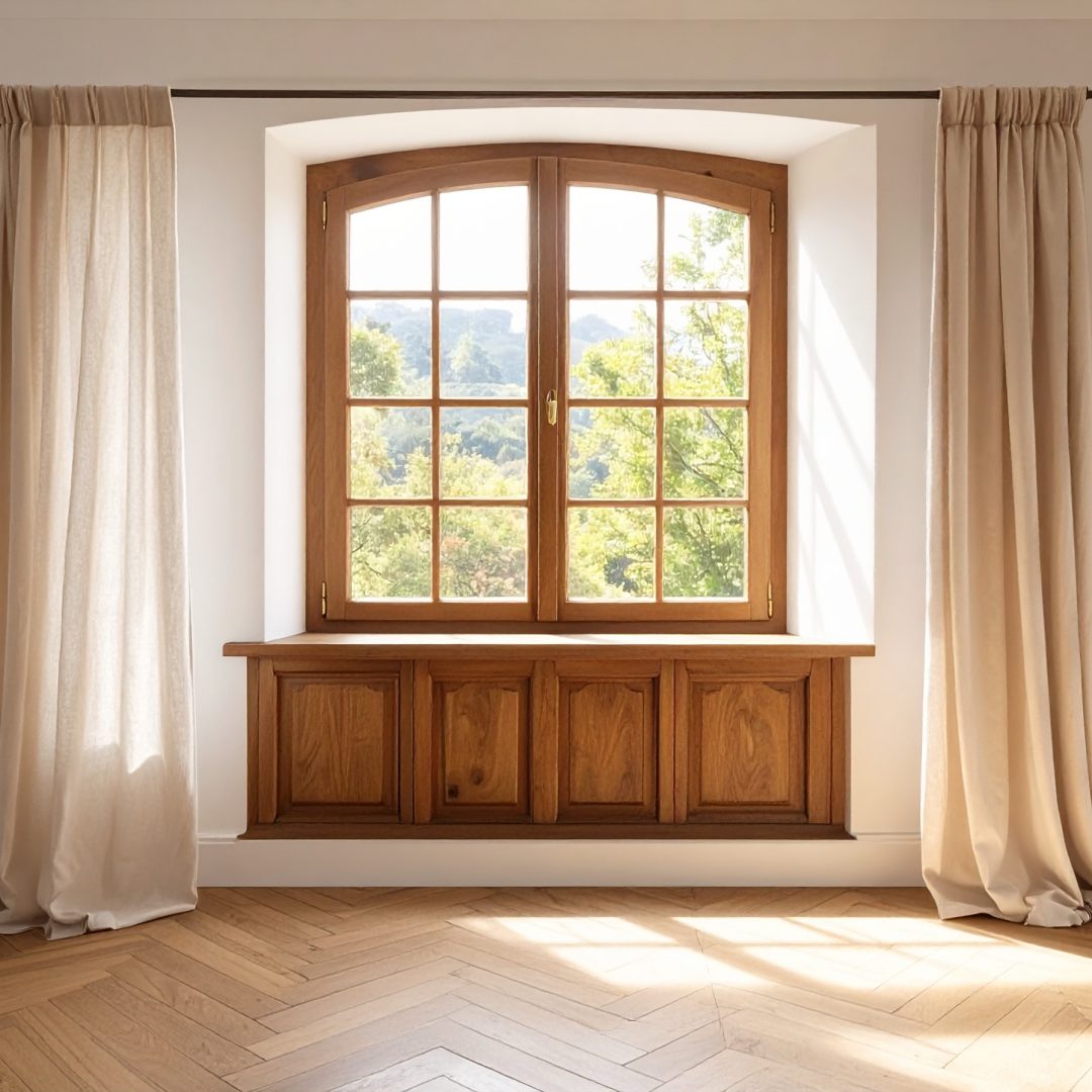 Firefly_Fenêtre bois noble avec ferrures laiton, tablette bois, embrasure profonde, tentures 921453