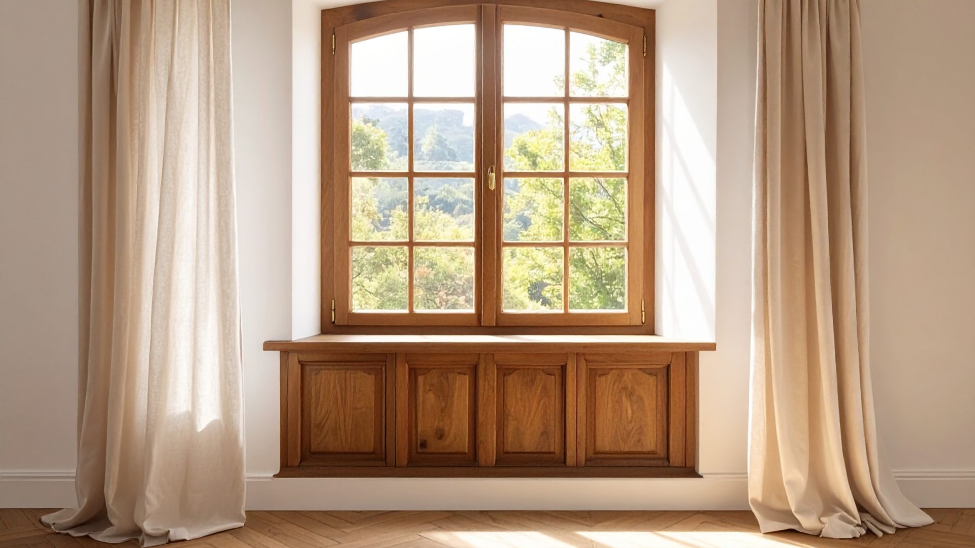 Firefly_Fenêtre bois noble avec ferrures laiton, tablette bois, embrasure profonde, tentures 921453