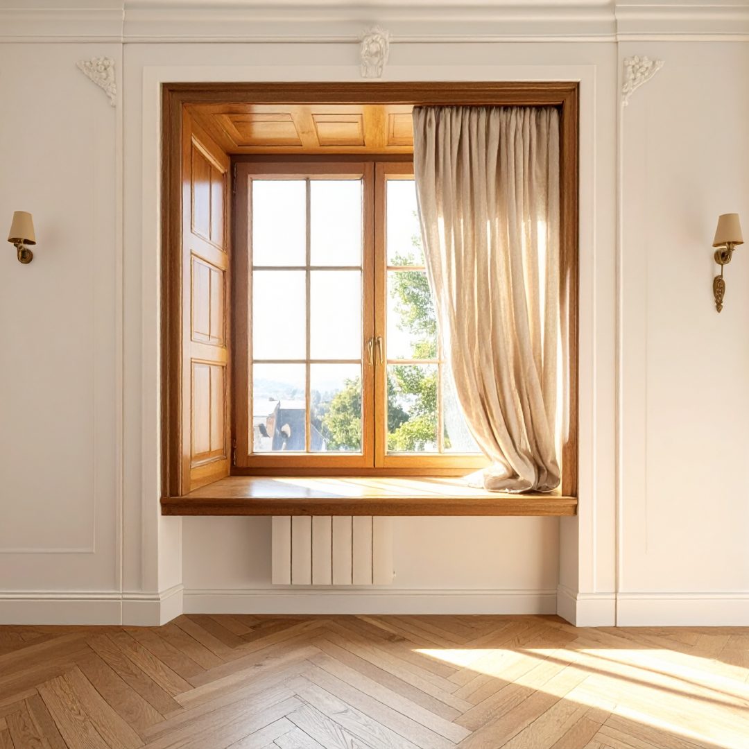 Firefly_Fenêtre bois noble avec ferrures laiton, tablette bois, embrasure profonde, tentures 944714