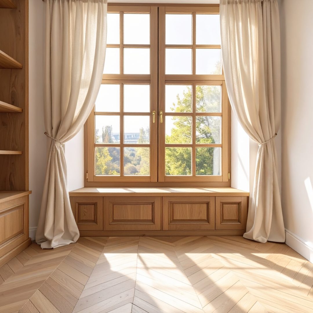 Firefly_Fenêtre bois noble avec ferrures laiton, tablette bois, embrasure profonde, tentures 94969