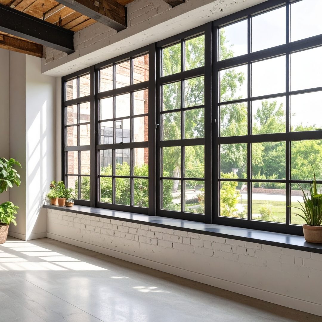 Firefly_Fenêtre haut de gamme en acier noir avec petits carreaux style atelier, intégrée dans 972610
