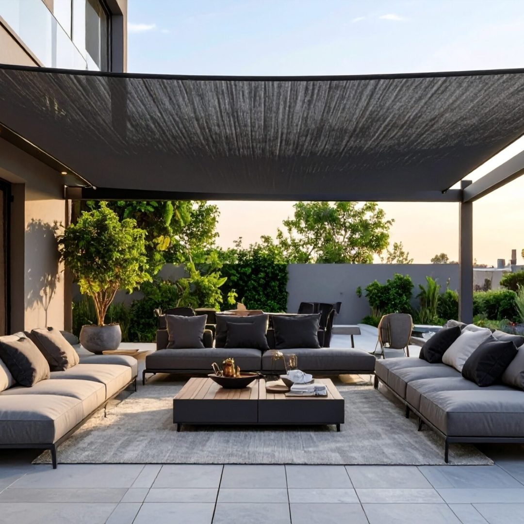 Grand voile d’ombrage motorisé rectangulaire anthracite, télécommandé, terrasse desig 335253