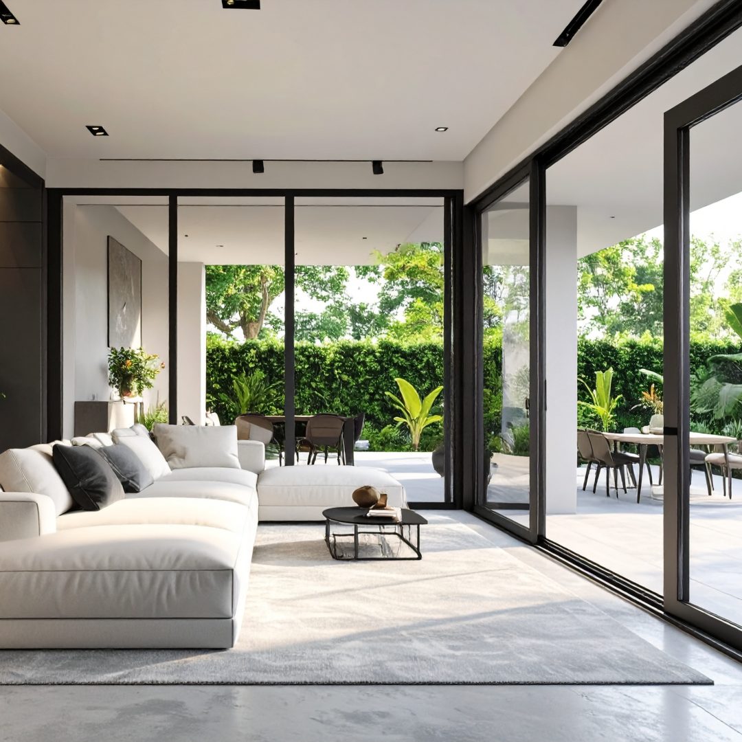 Firefly_Grande baie coulissante minimaliste en aluminium noir mat, profilés ultra fins, intég 94969