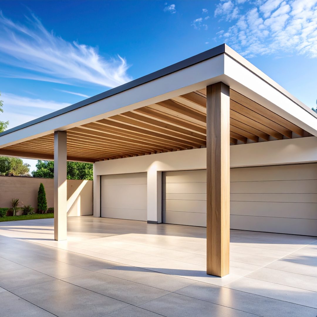 Firefly_Photo réaliste d’un carport moderne à structure légère avec poteaux et toiture ouvert 999675