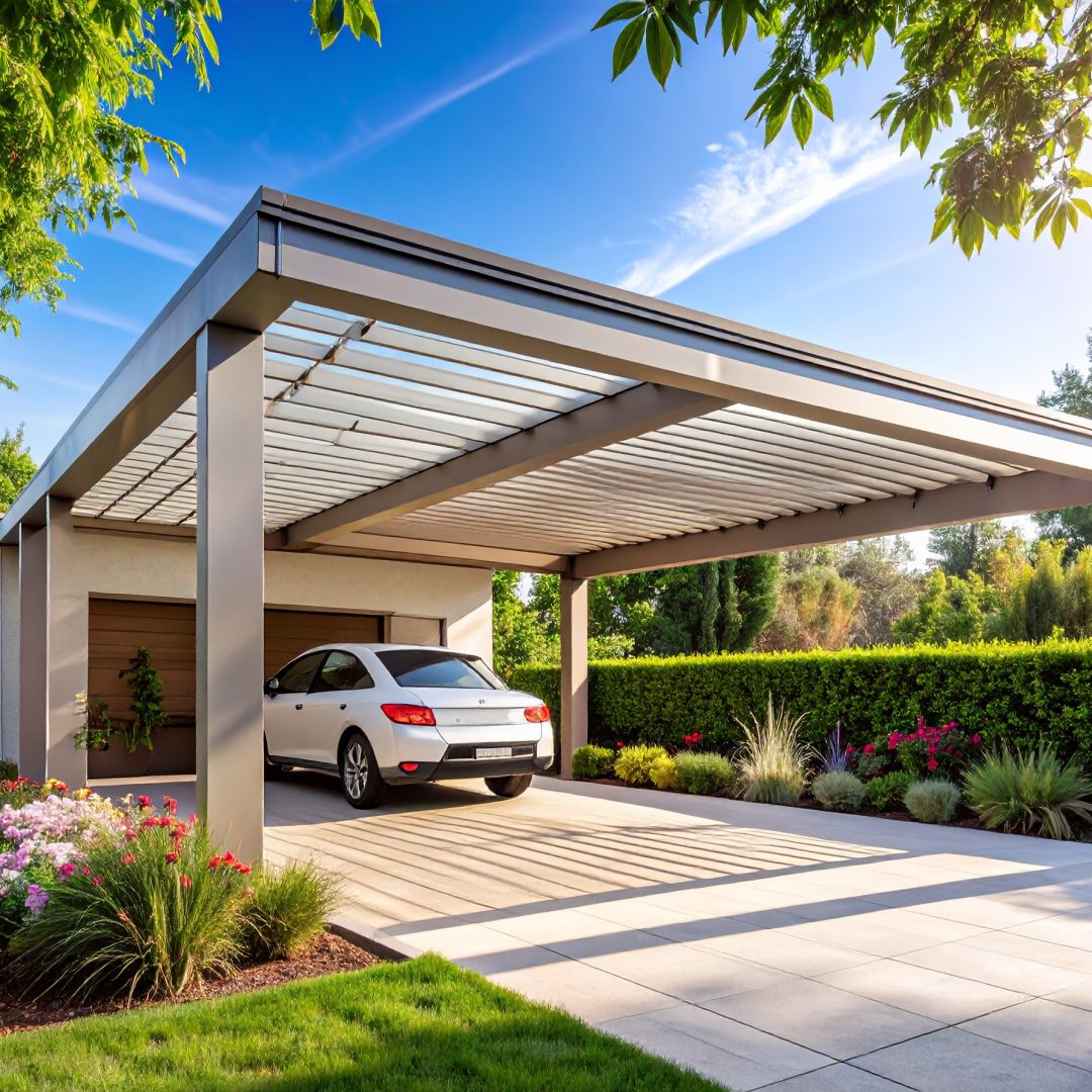 Firefly_Photo réaliste d’un carport moderne en aluminium, installé dans un jardin résidentiel 999675