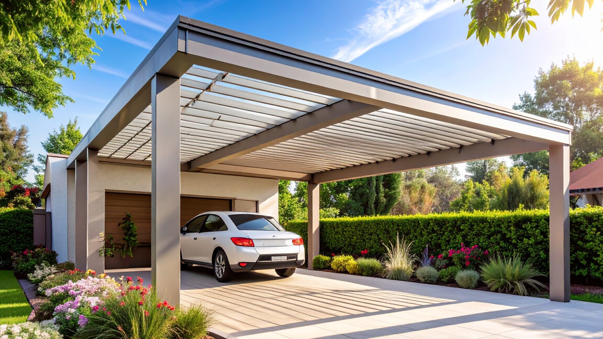 Firefly_Photo réaliste d’un carport moderne en aluminium, installé dans un jardin résidentiel 999675