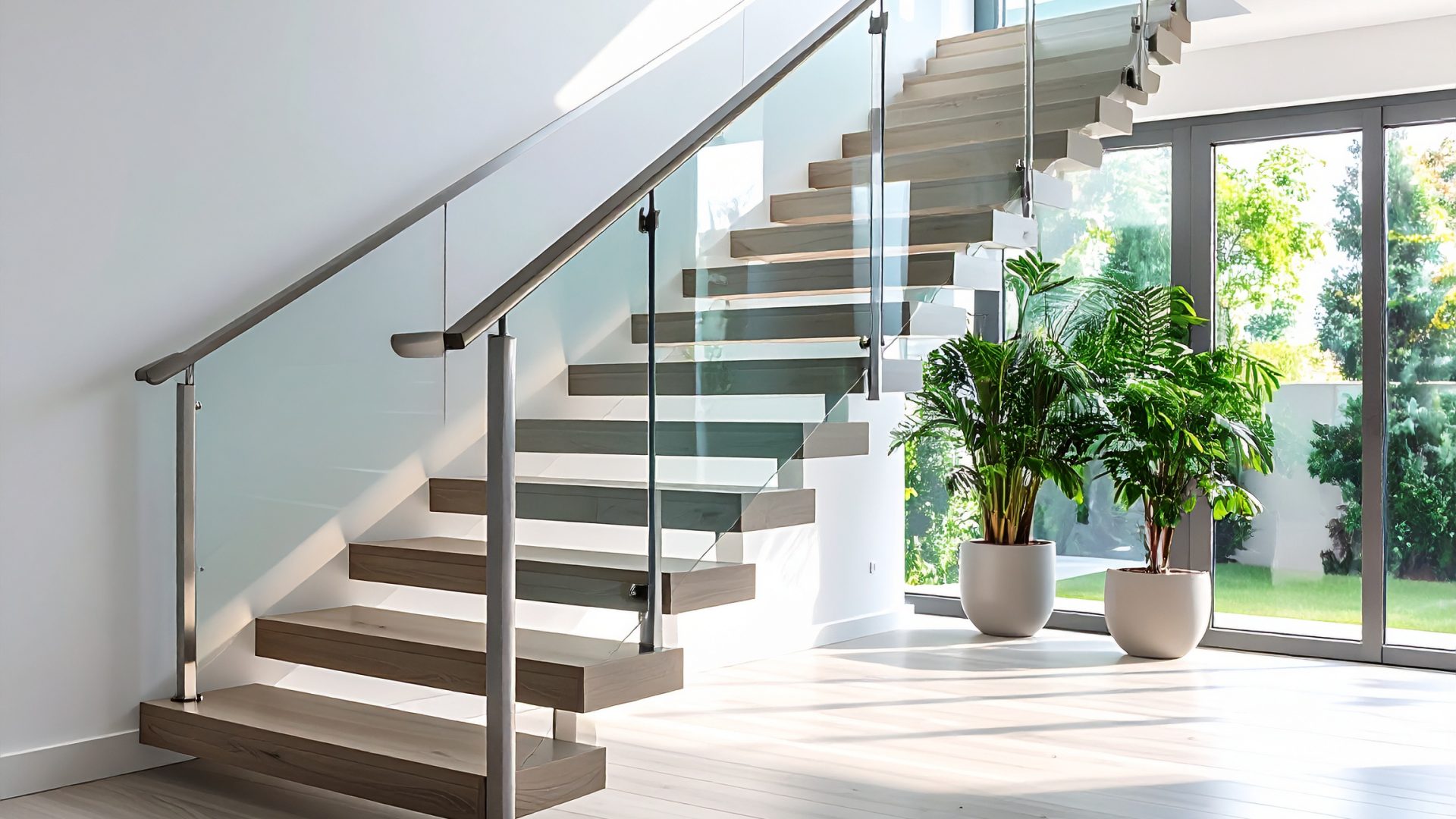 Firefly_Photo réaliste d’un escalier intérieur moderne avec un garde-corps en verre et main c 997671