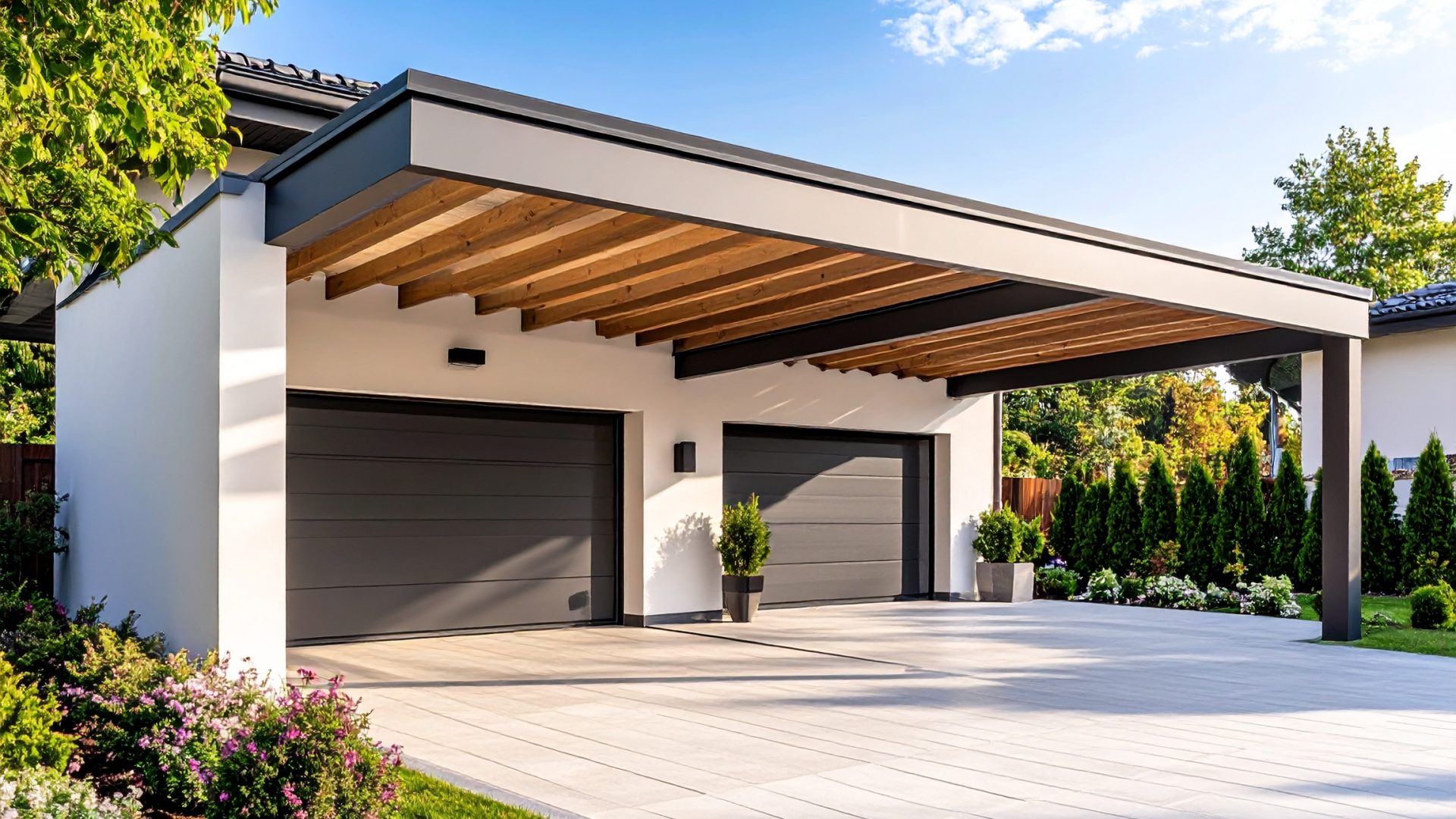 Firefly_Photo réaliste montrant deux types de carports - un modèle autoporté indépendant inst 999675