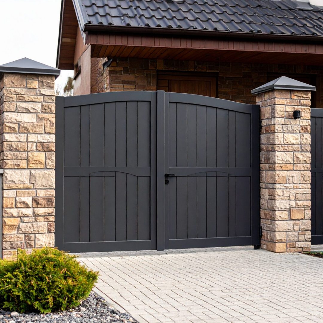 Firefly_Photo ultra réaliste d’un portail battant en aluminium ou en acier, installé à l’entr 594907