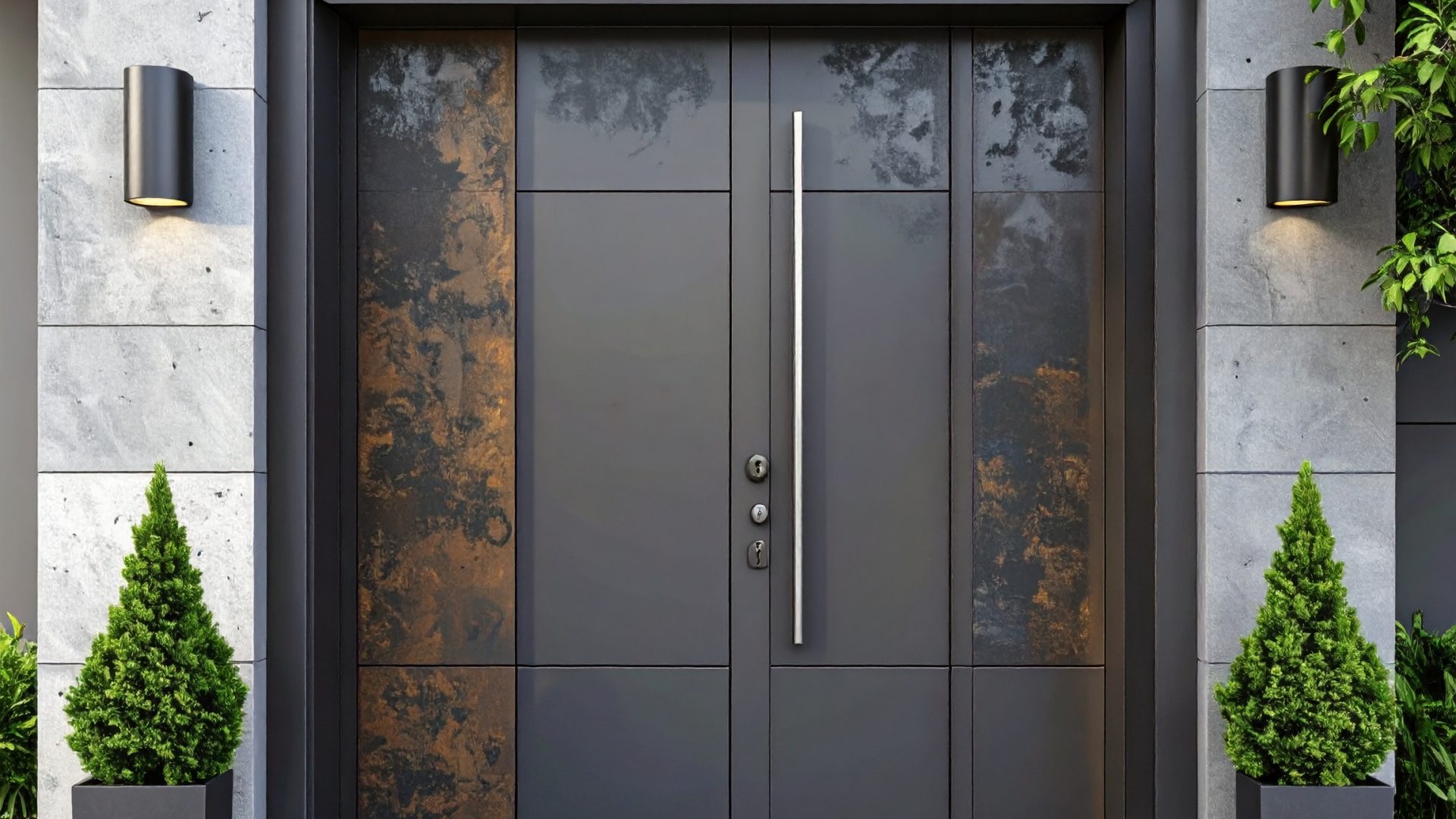 Firefly_Porte d’entrée en acier, robuste et sécurisée, style moderne, finition texturée ou co 654620
