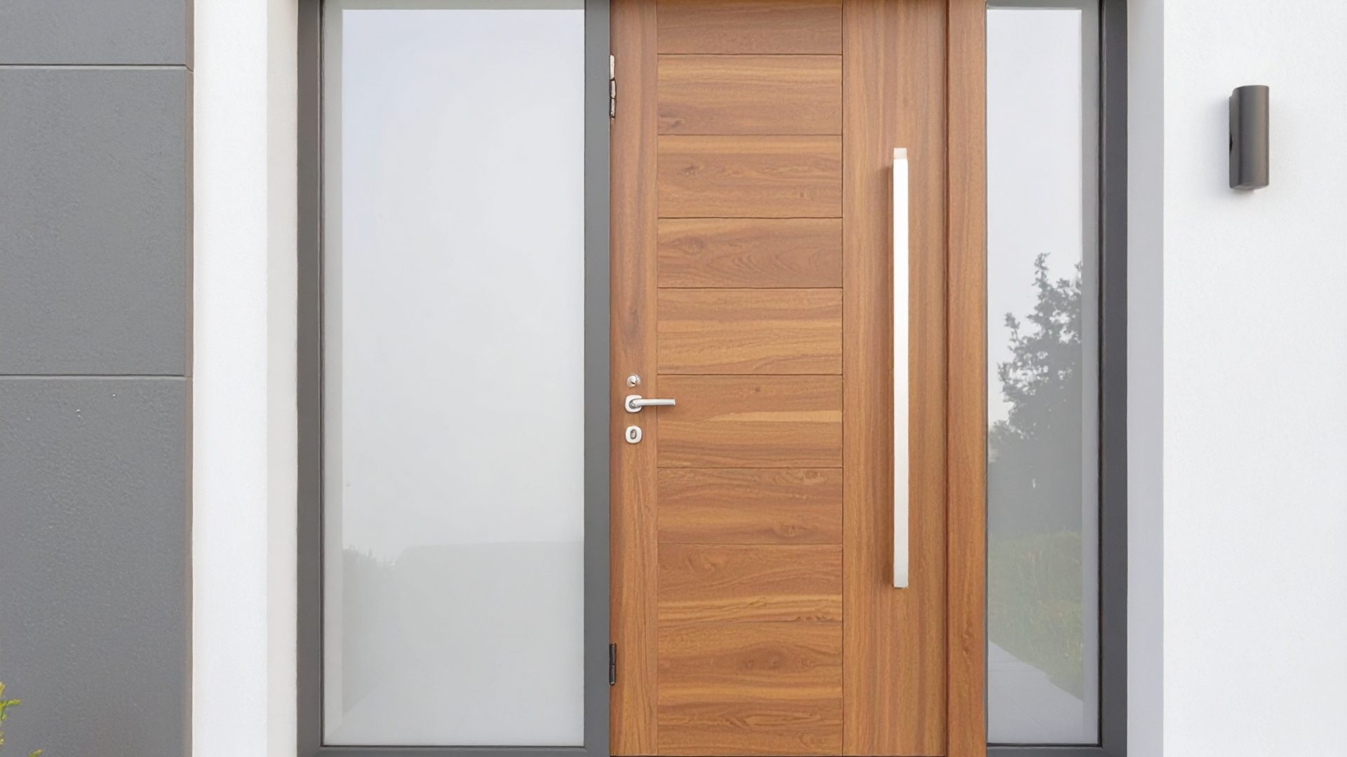 Firefly_Porte d’entrée mixte combinant bois, aluminium et verre, design moderne et élégant, a 618083