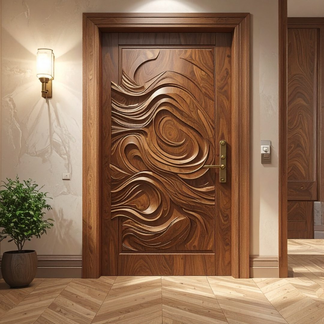 Firefly_Porte intérieure en bois de noyer massif foncé, relief sculpté en vagues 3D, poignée 921453