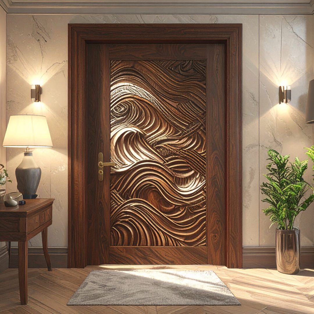 Firefly_Porte intérieure en bois de noyer massif foncé, relief sculpté en vagues 3D, poignée 944714