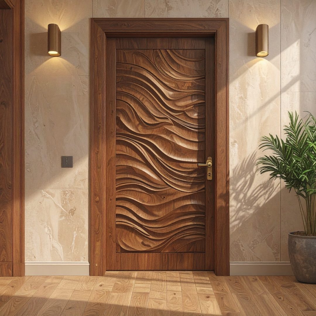 Firefly_Porte intérieure en bois de noyer massif foncé, relief sculpté en vagues 3D, poignée 972610