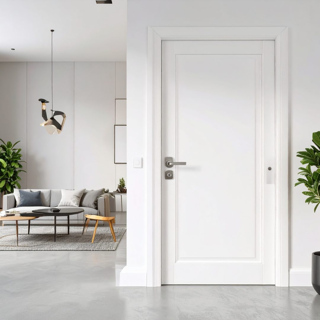 Firefly_Porte intérieure minimaliste blanche, sans moulures, poignée inox design, intégrée da 94969