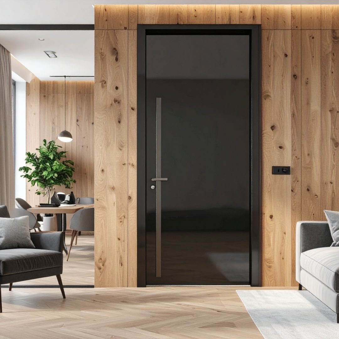 Firefly_Porte intérieure toute hauteur sans cadre apparent, finition laque noire brillante, p 921453