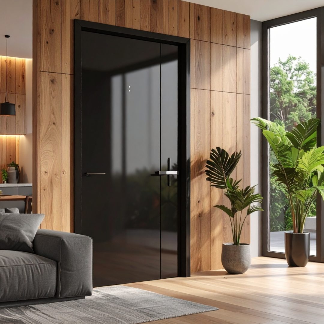 Firefly_Porte intérieure toute hauteur sans cadre apparent, finition laque noire brillante, p 944714