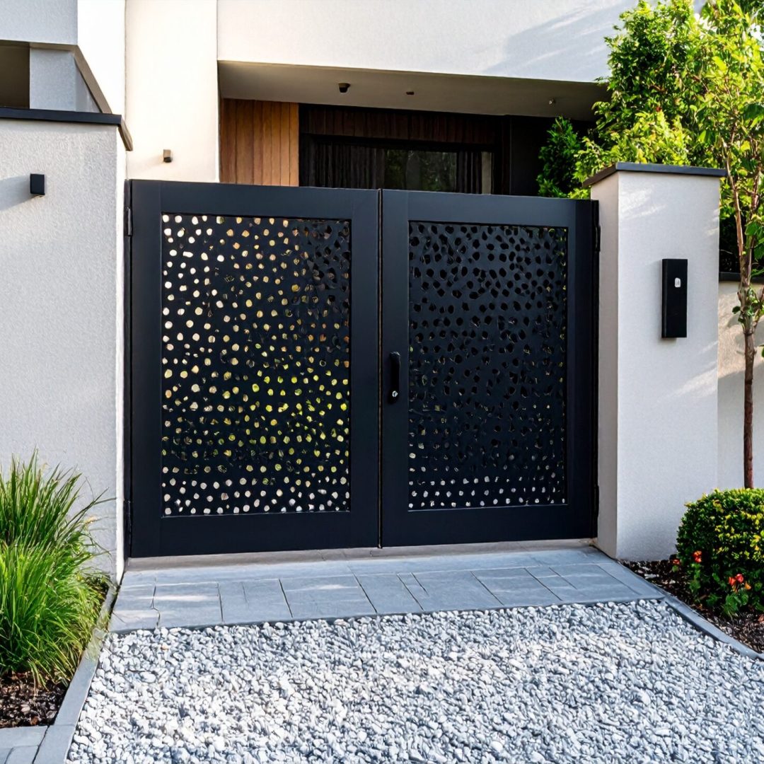 Firefly_Portillon piéton décor perforé (motif minimaliste), poignée noire mate, seuil propre, 335253