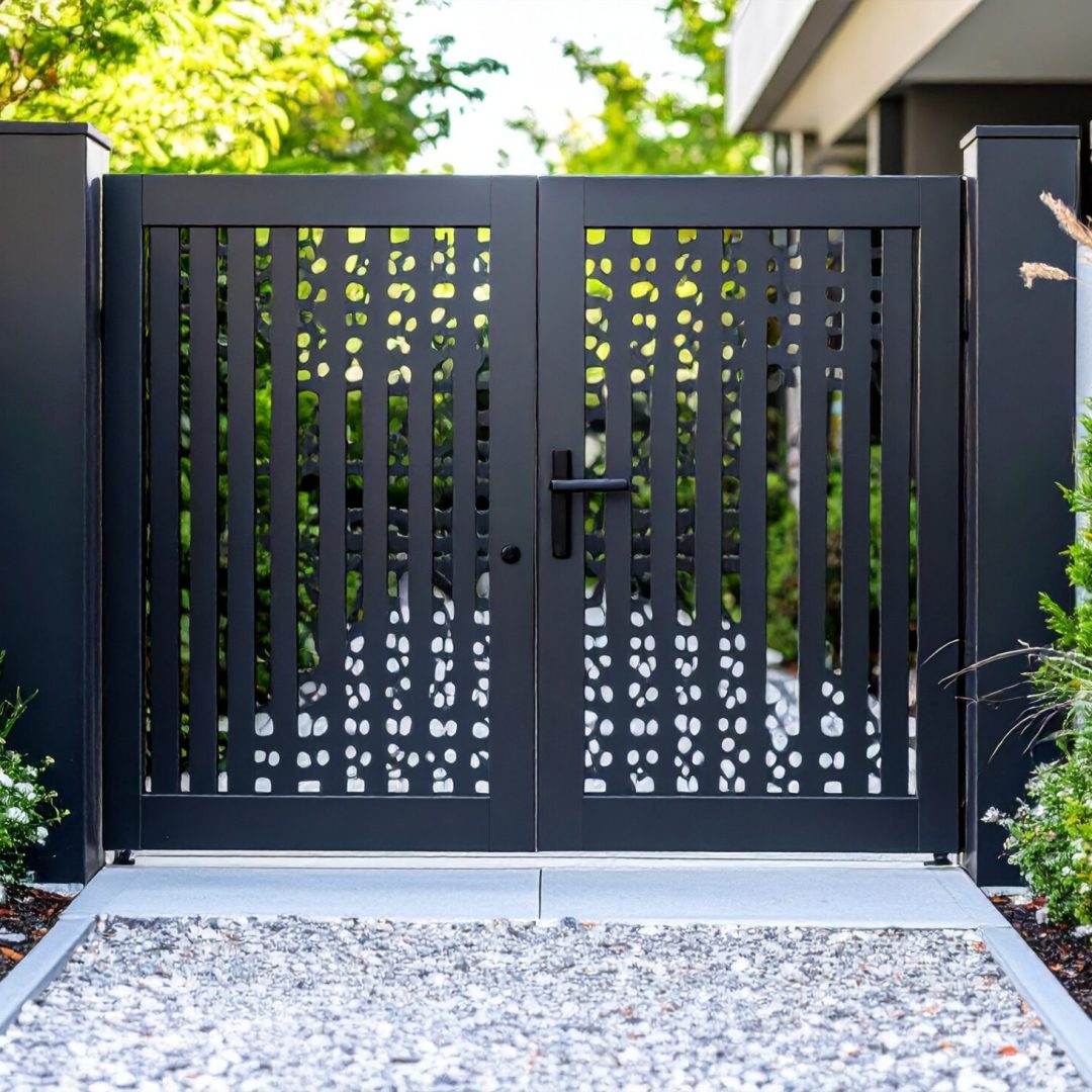 Firefly_Portillon piéton décor perforé (motif minimaliste), poignée noire mate, seuil propre, 717131