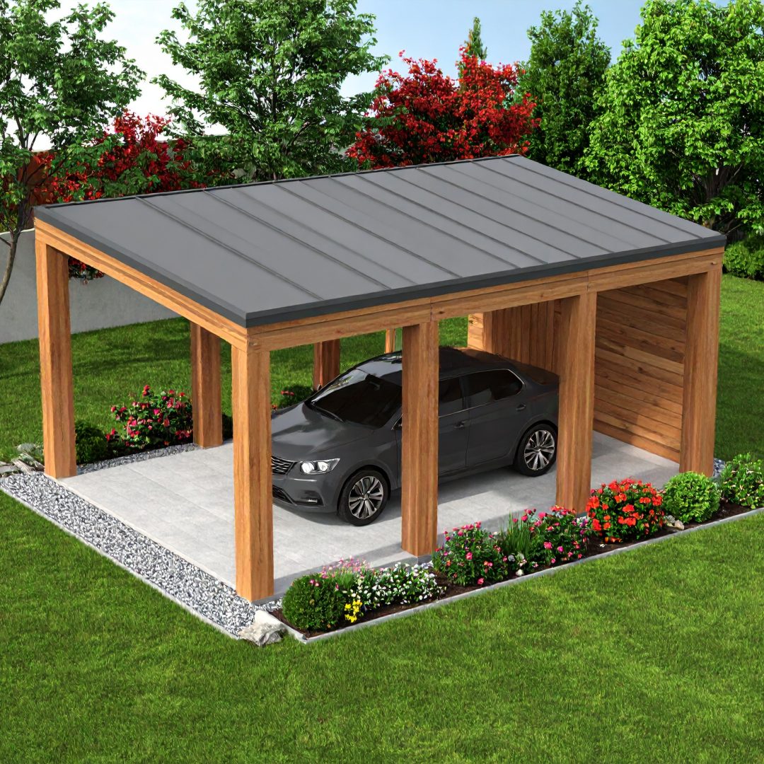 Firefly_Realistic 3D render of a freestanding carport (carport autoportant) — structure fully 789394