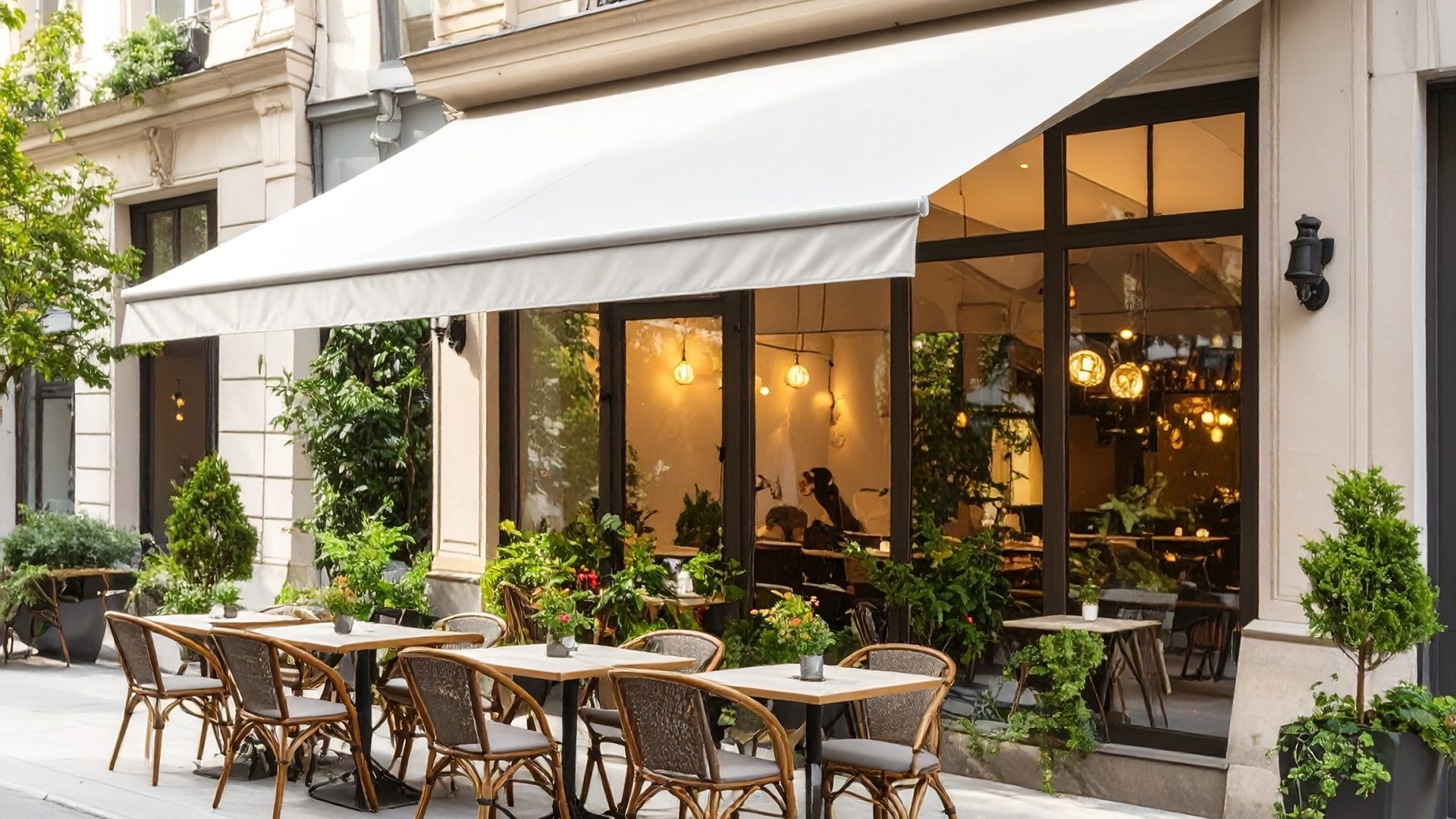 Firefly_Store banne XXL en toile gris clair couvrant la façade d’un restaurant en ville, gran 921453