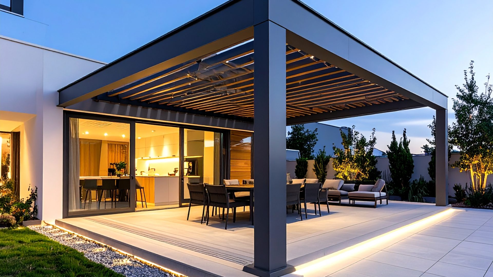 Firefly_Ultra-realistic photo of a bioclimatic pergola with adjustable aluminum louvers on th 938219