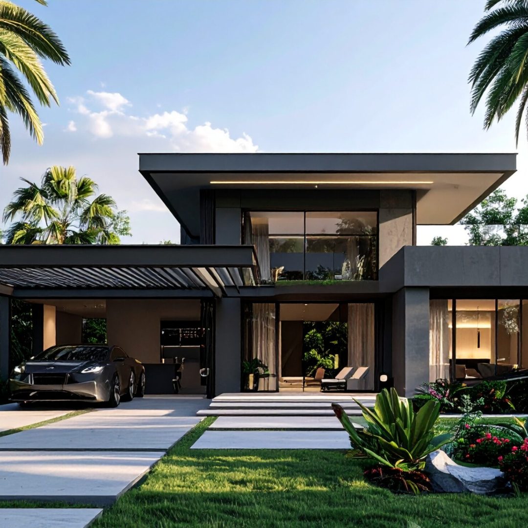 Firefly_Ultra realistic photo of a luxury flat-roof villa with a modern aluminum carport atta 348887