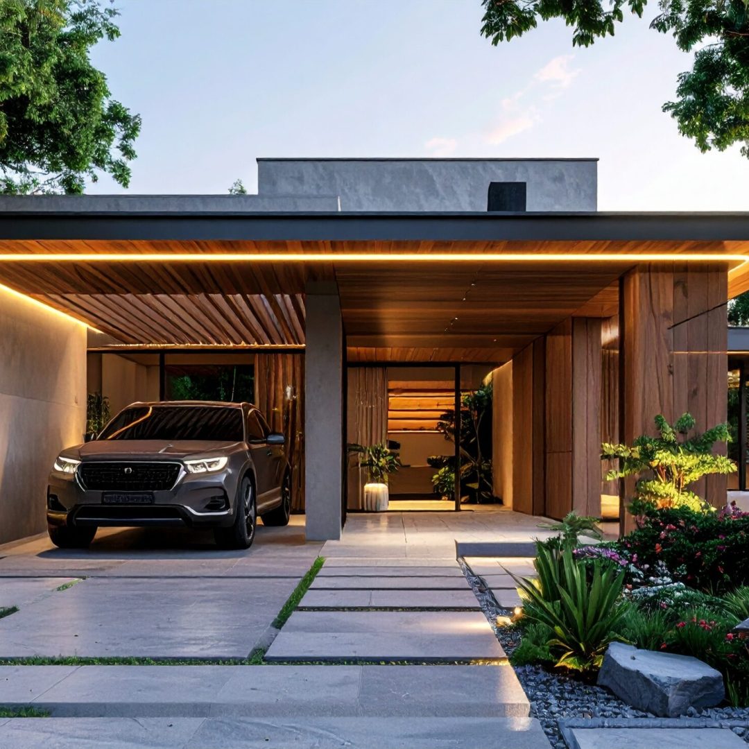 Firefly_Ultra realistic photo of a luxury flat-roof villa with a premium wooden carport, exot 348887