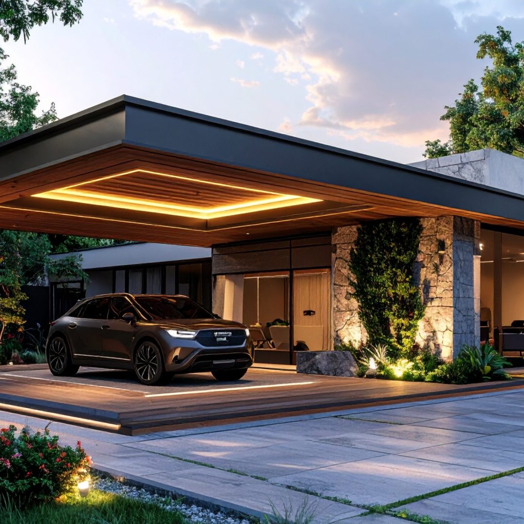 Firefly_Ultra realistic photo of a luxury flat-roof villa with a premium wooden carport, exot 672228