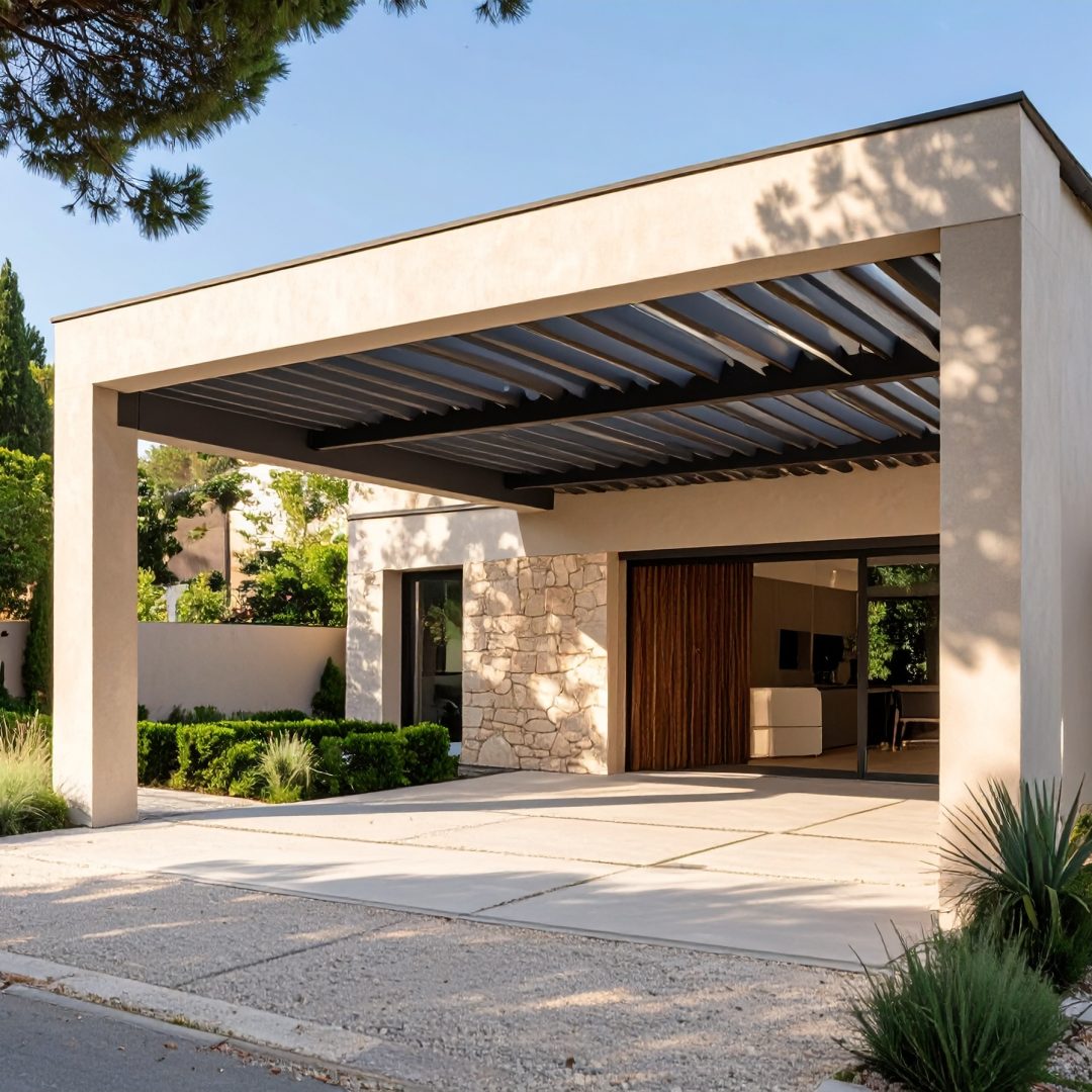 Firefly_Un carport moderne et simple installé devant une maison dans le sud de la France, sty 642251