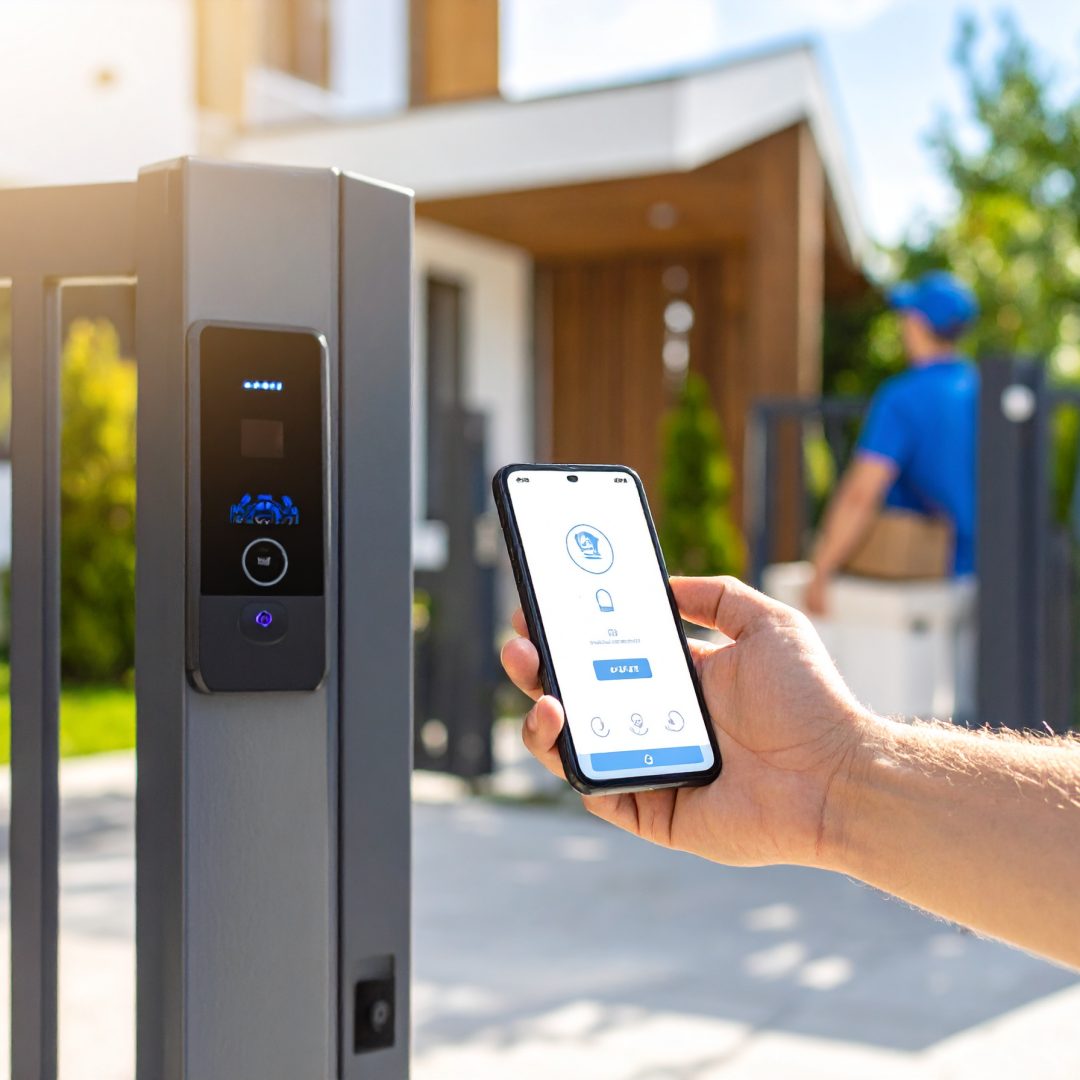 Firefly_Un portail motorisé s’ouvre automatiquement pendant qu’une personne utilise une appli 584033