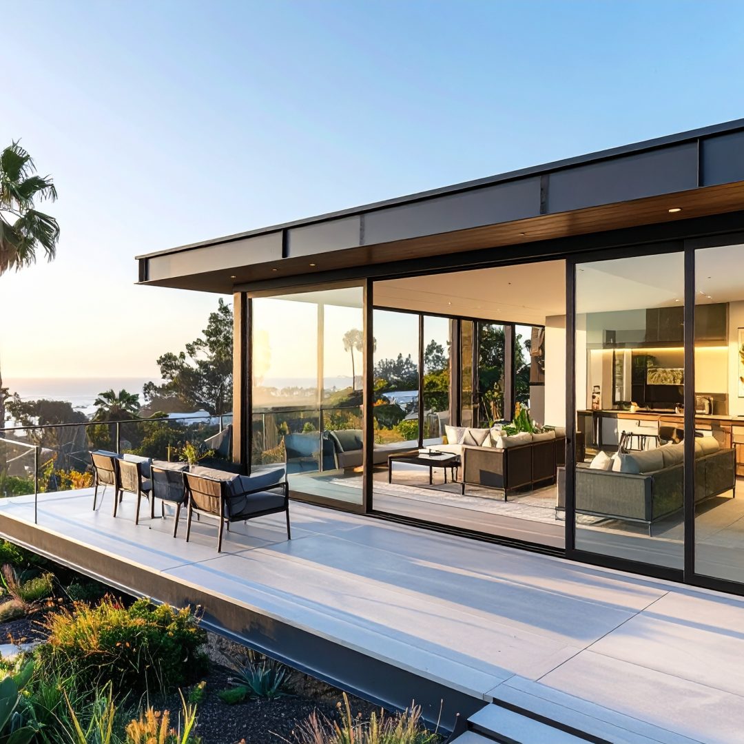 Firefly_Véranda contemporaine en aluminium noir, entièrement vitrée, accolée à une villa cubi 944714