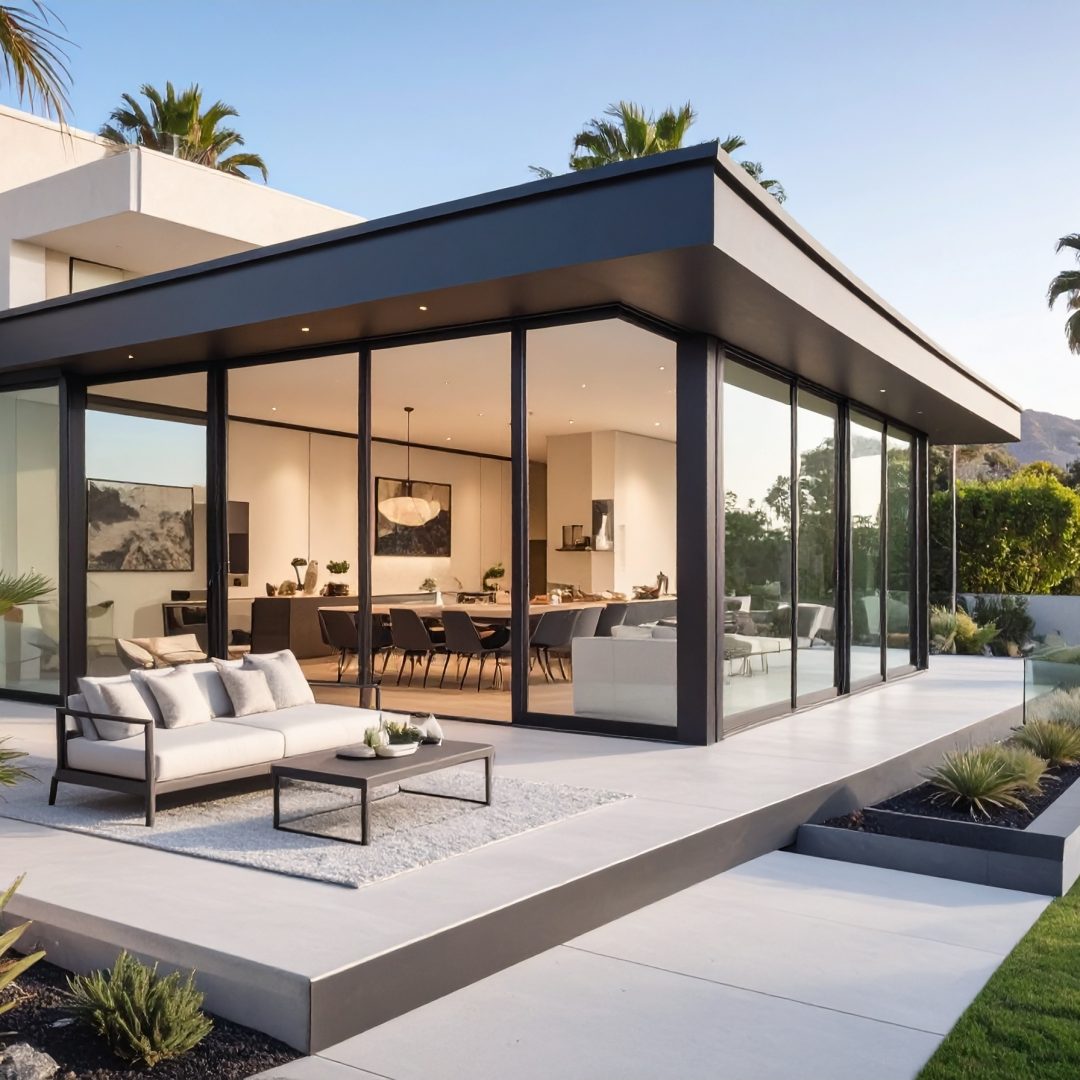 Firefly_Véranda contemporaine en aluminium noir, entièrement vitrée, accolée à une villa cubi 972610