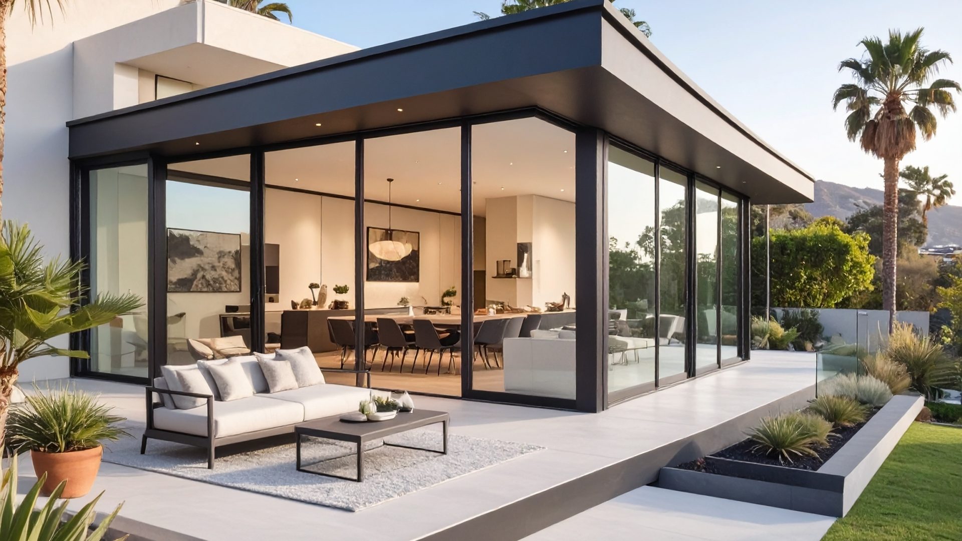 Firefly_Véranda contemporaine en aluminium noir, entièrement vitrée, accolée à une villa cubi 972610