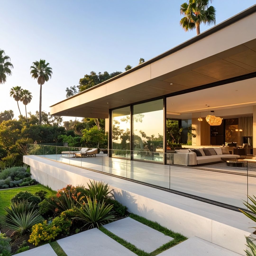 Firefly_Villa moderne toit plat avec véranda aluminium et verre donnant sur un jardin paysagé 921453