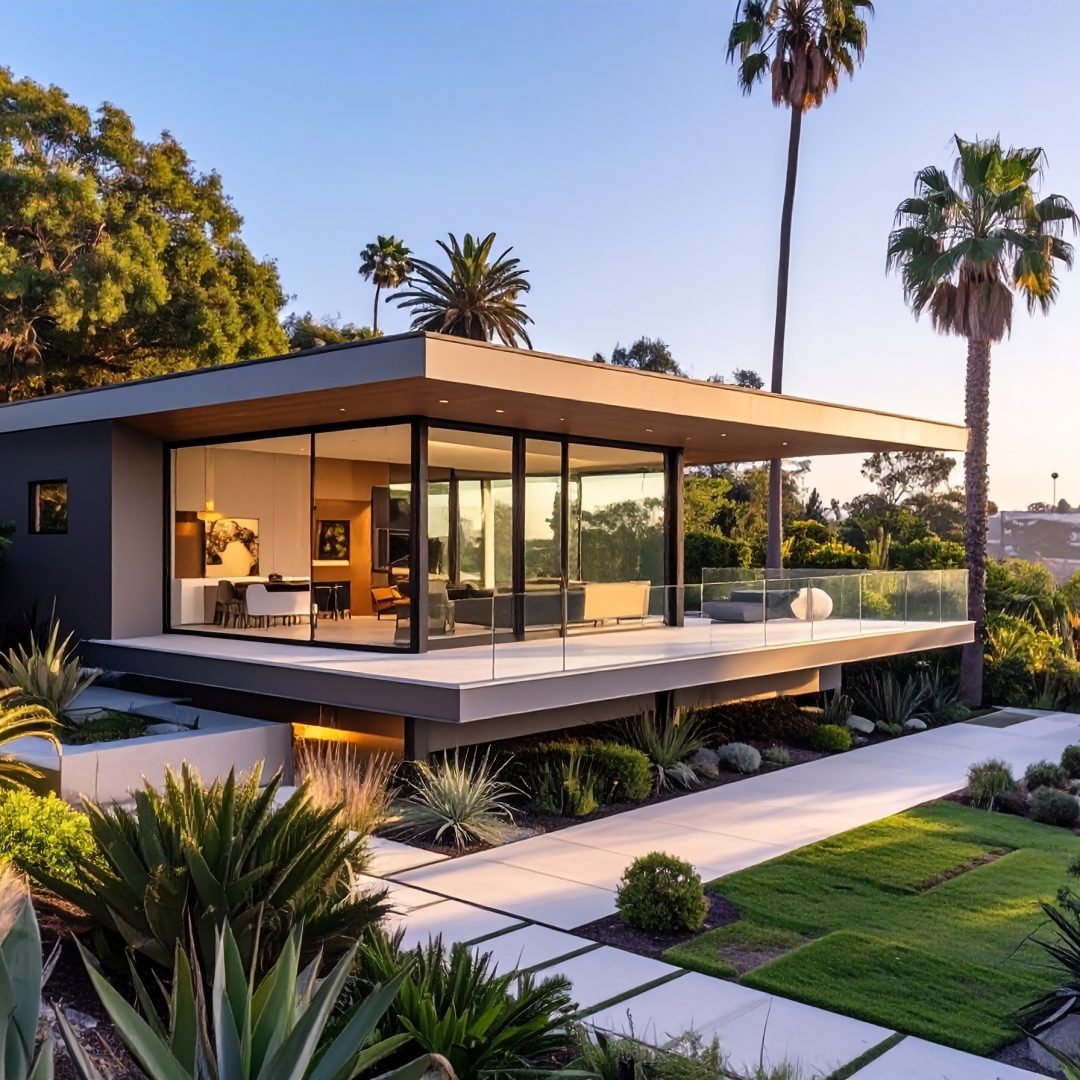 Firefly_Villa moderne toit plat avec véranda aluminium et verre donnant sur un jardin paysagé 94969