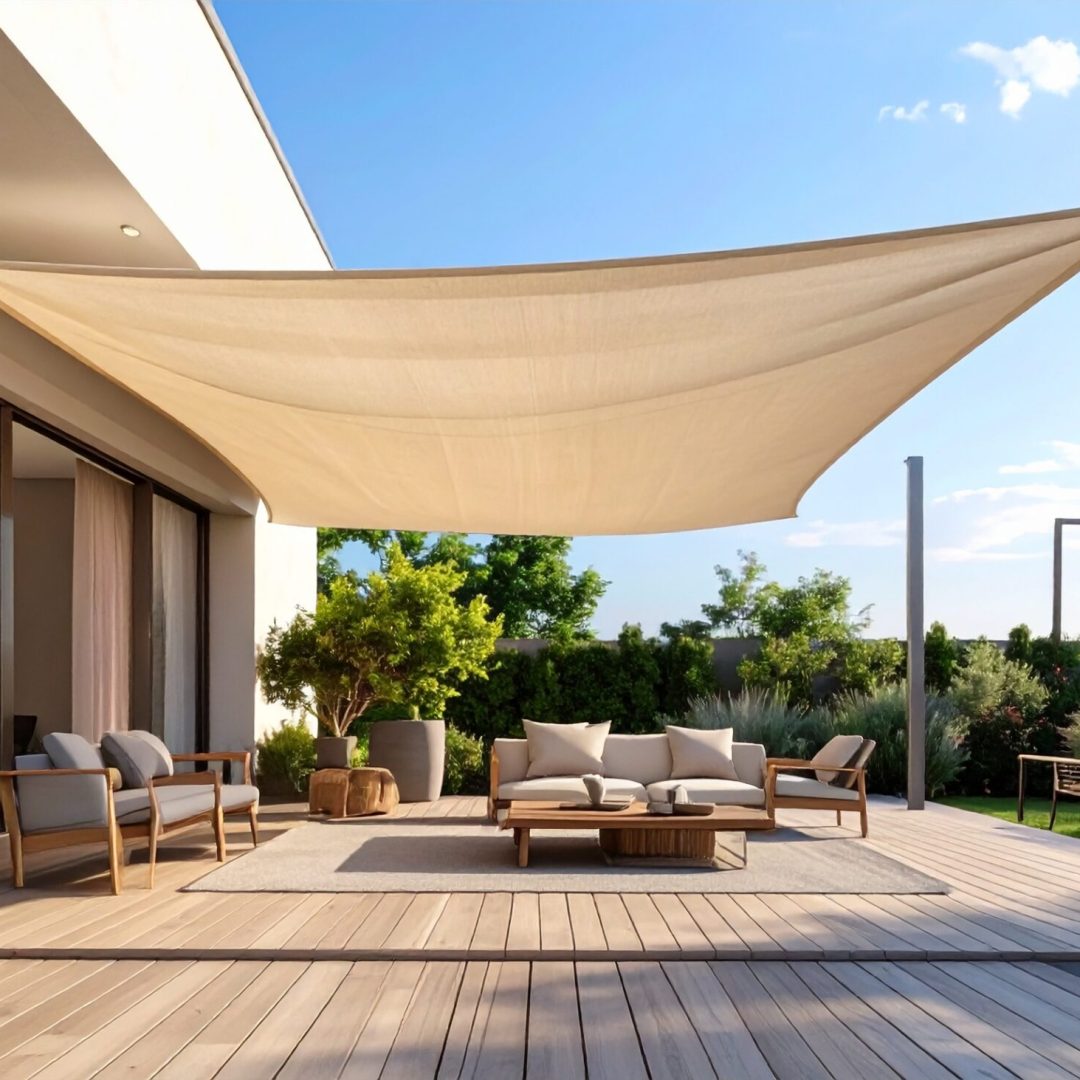 Firefly_Voile d’ombrage triangulaire en toile tendue beige, fixée entre une façade moderne et 335253