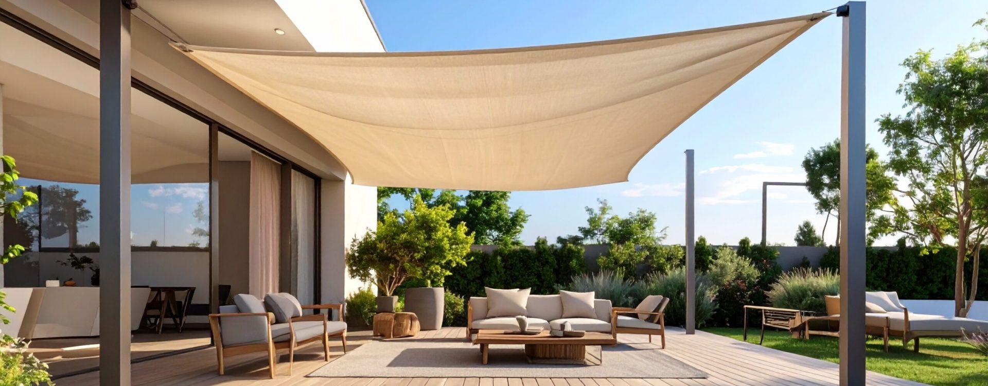 Firefly_Voile d’ombrage triangulaire en toile tendue beige, fixée entre une façade moderne et 335253