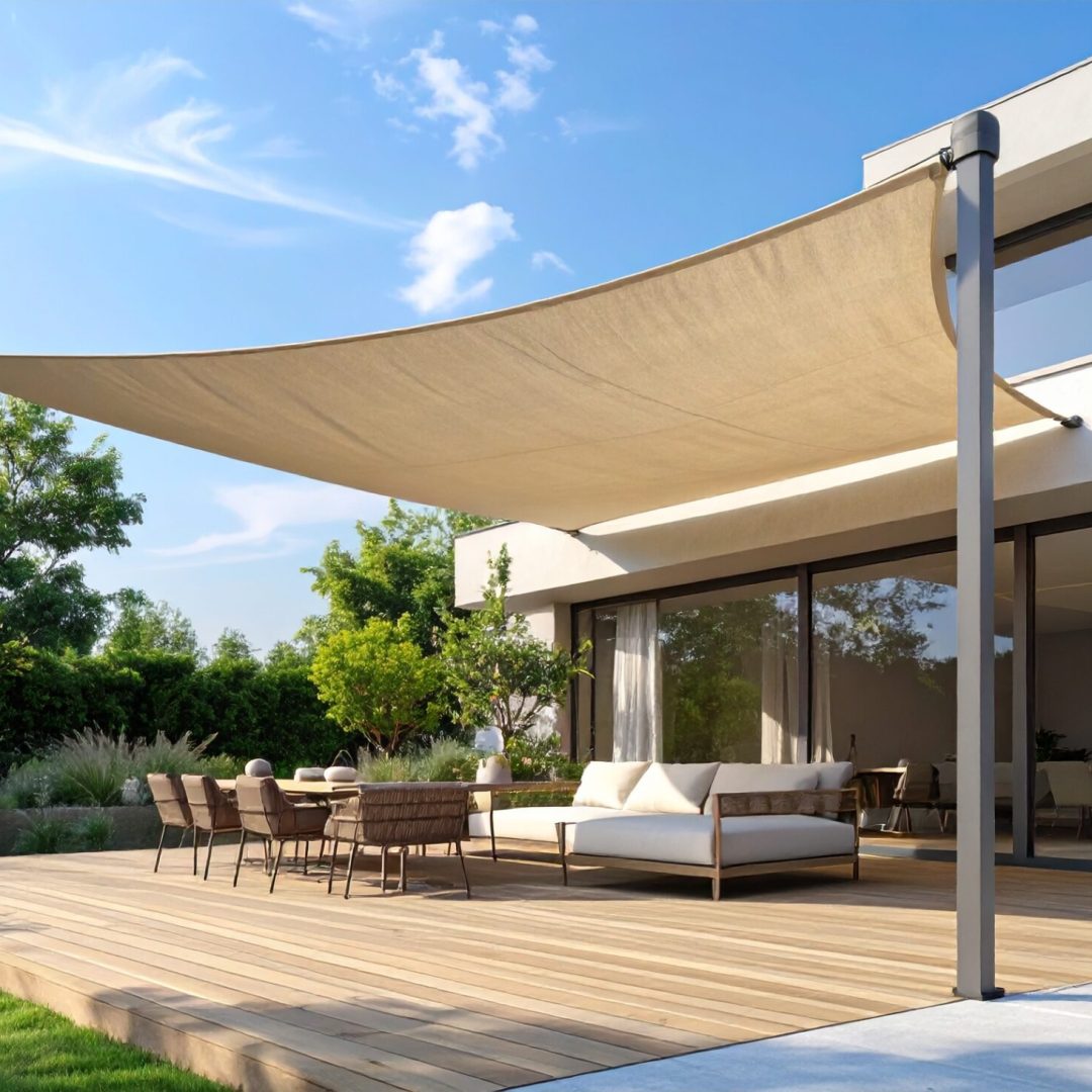 Firefly_Voile d’ombrage triangulaire en toile tendue beige, fixée entre une façade moderne et 517806