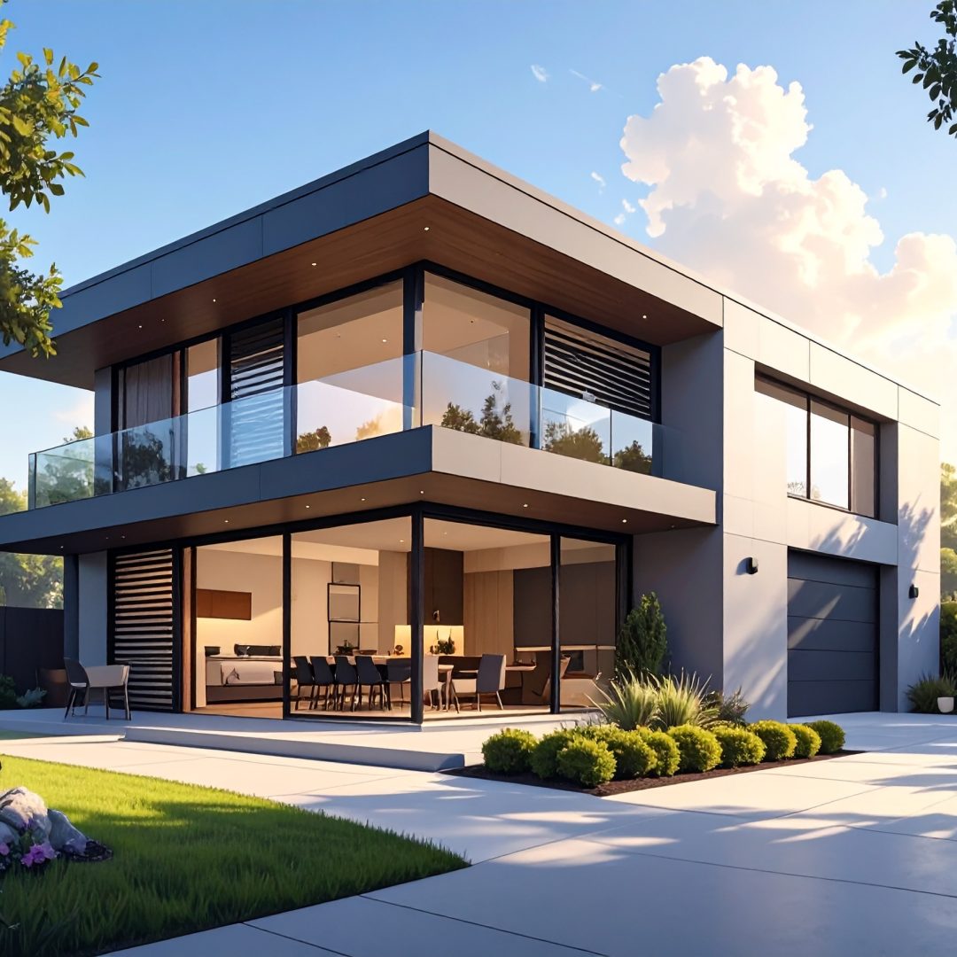 Firefly_Vue extérieure moderne d’une maison contemporaine avec de grands vitrages protégés pa 335253