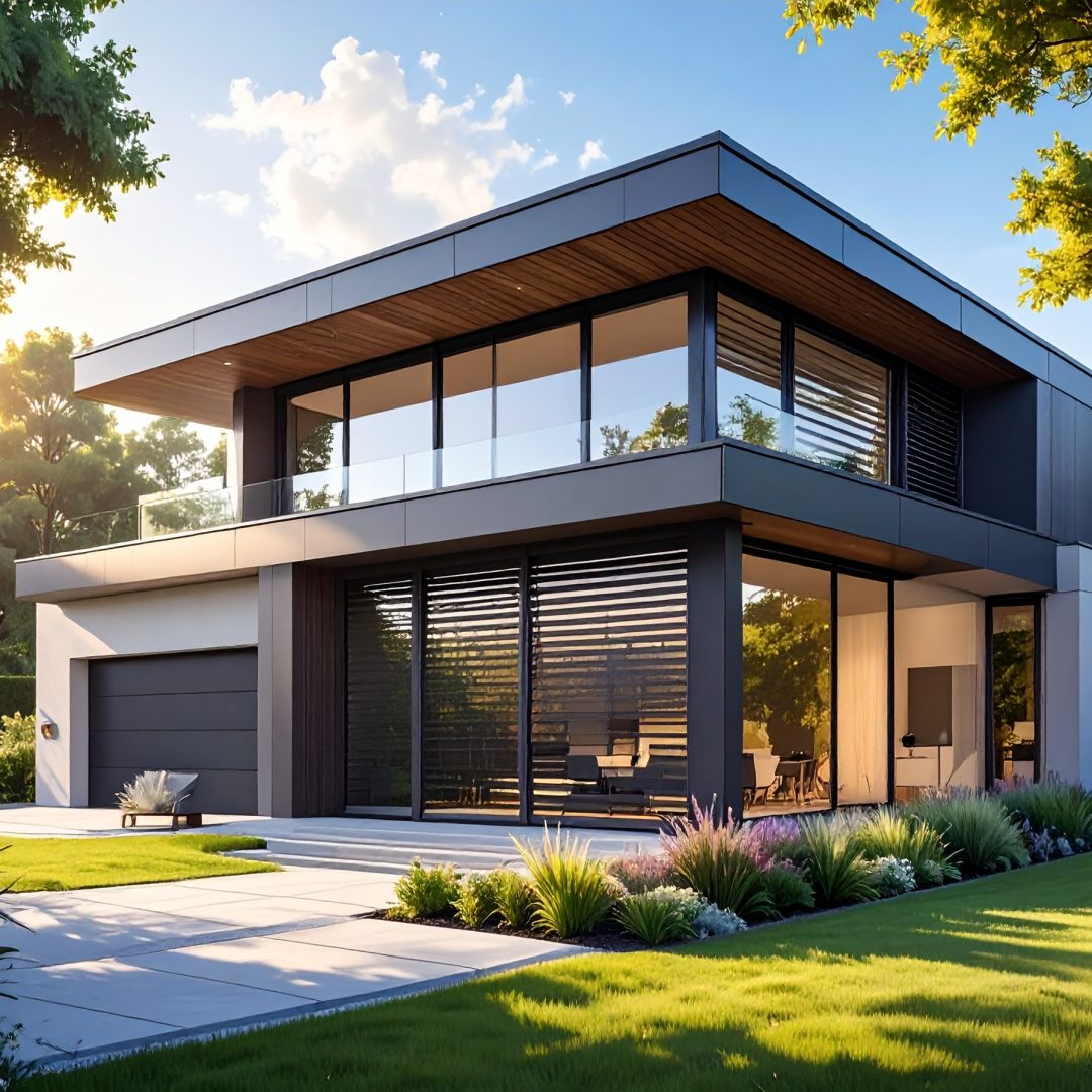 Firefly_Vue extérieure moderne d’une maison contemporaine avec de grands vitrages protégés pa 517806