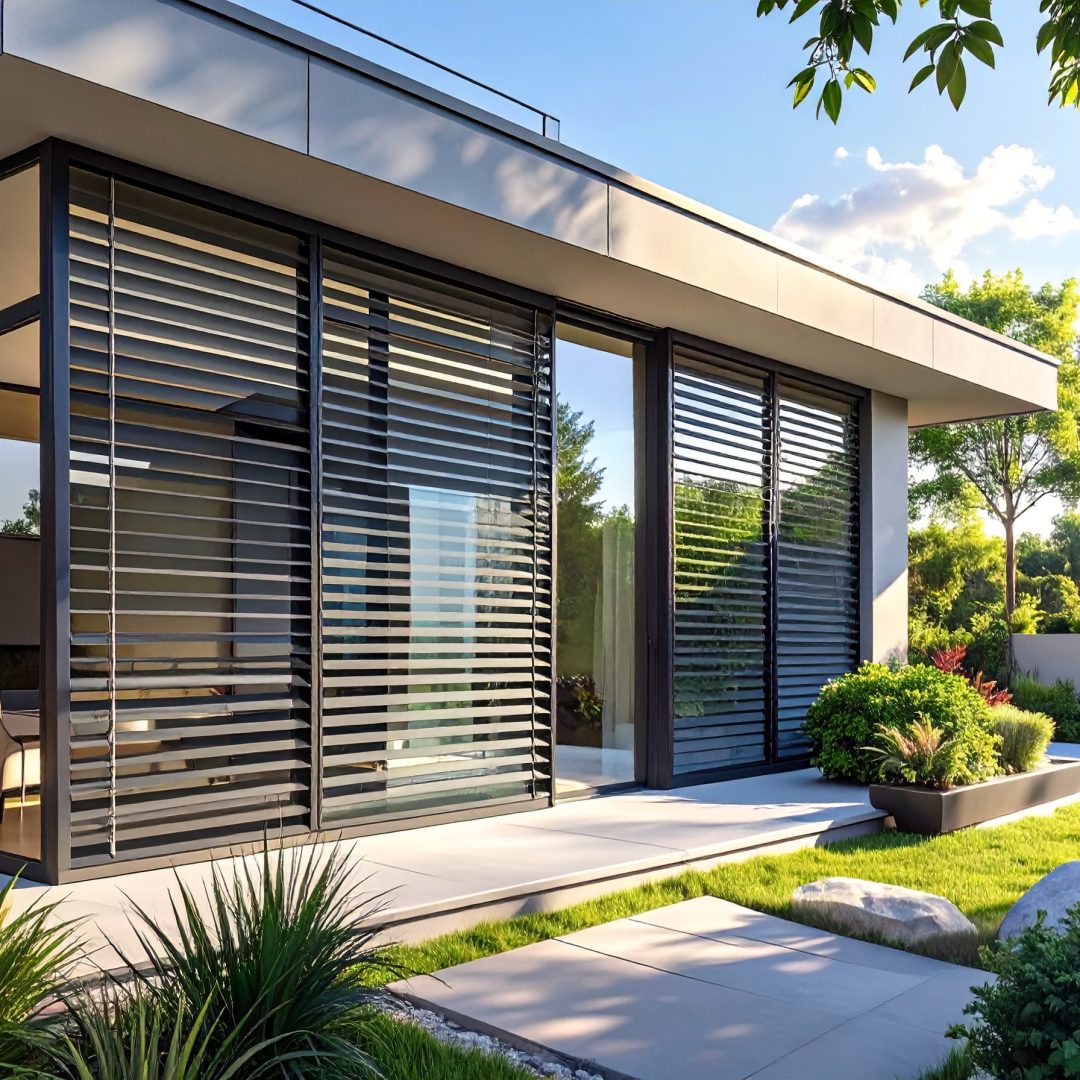 Firefly_Vue extérieure moderne d’une maison contemporaine avec de grands vitrages protégés pa 717131